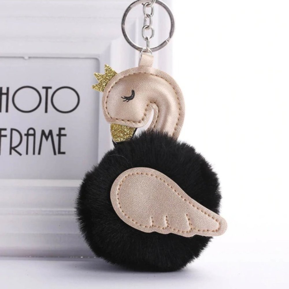 Swan glitter faux fur pom bag charm/key chain ring